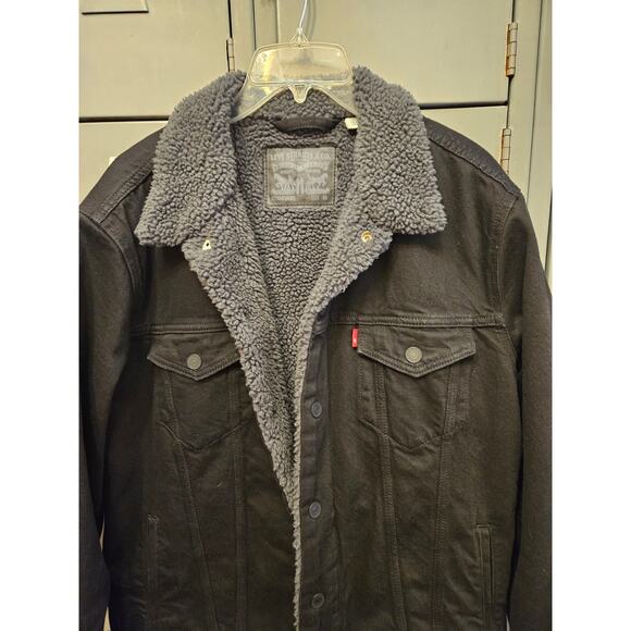 Levi's black denim sherpa trucker jacket men's size medium cowboy rodeo western - Picture 2 of 4